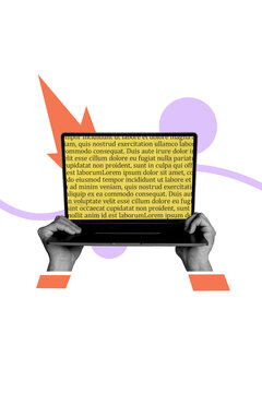 Collage image template of woman student hold modern wireless netbook screen isolated on drawing background