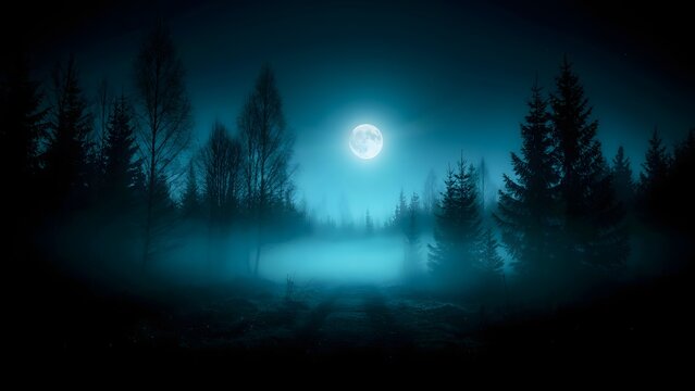 Eerie full moon over foggy forest at night for Halloween or spooky themes