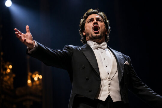 Opera singer on stage with dramatic lighting.