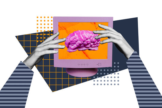 Composite sketch image design trend artwork collage of incognito hand touch hold monitor retro vintage computer brain creative think