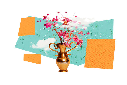 3d sketch poster trend collage image of old-fashioned vase wildflower bloom branch decoration spring bunch season holiday