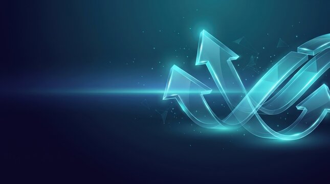 Glowing glass arrows pointing upward represent financial growth and digital business success in this abstract professional blue technology motion background