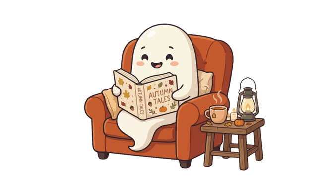Cute cartoon ghost reading a book in a cozy armchair