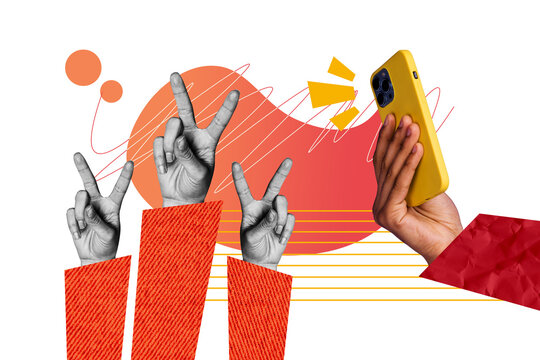 Creative collage picture hands body fragments sleeve smartphone cellphone drawing background take photo picture blogger device