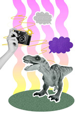 3D collage trend artwork composite sketch poster of hand hold camera journalist mind cloud speech chatting toy dinosaur walk animal © deagreez