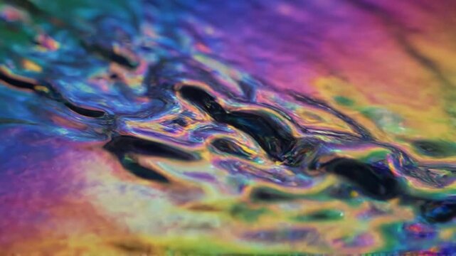 Abstract iridescent oil slick on water surface with colorful rainbow light reflections