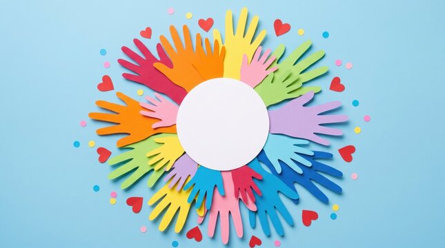 Colorful paper hand cutouts arranged in a circular pattern around a blank white center circle on a soft blue background
