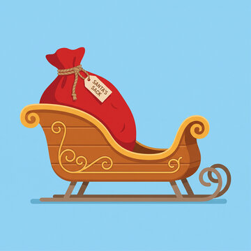 Flat vector illustration of a wooden Santa sleigh carrying a large red toy sack on blue background