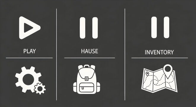 Navigate your digital world with intuitive play, pause, and inventory icons for modern interfaces and game design