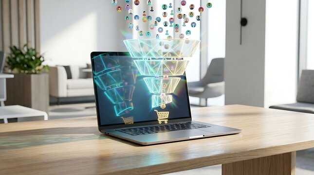 Futuristic sales funnel and digital marketing conversion hologram with customer lead generation turning into shopping cart purchase over laptop in modern office concept
