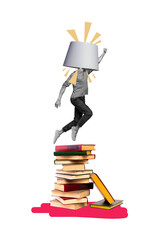 Fototapeta premium Vertical creative art collage of anonym man jump book stack education library student enlightenment lamp isolated on painting background