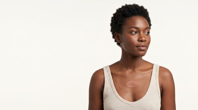 Portrait of African American woman with tinea corporis ringworm fungal infection circular rash on chest