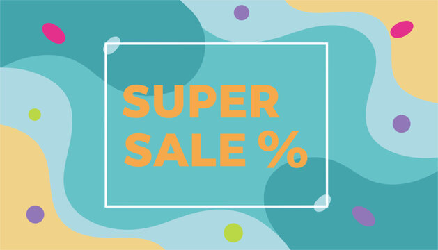 Vibrant super sale advertisement with bold orange text in a white frame over a fluid abstract wavy background.
