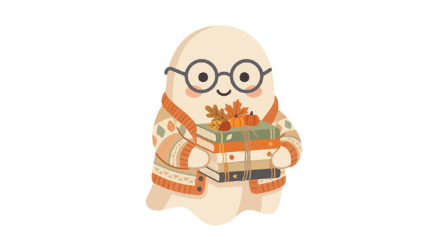 Cute ghost wearing glasses and sweater holding autumn books