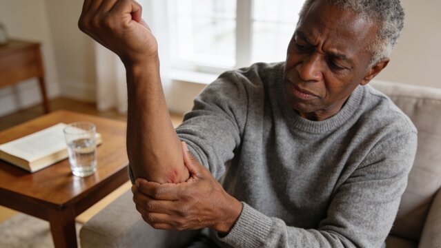 Senior male suffering from arm pain while rubbing his elbow at home in a quiet living room.