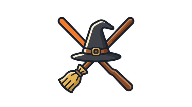 Witch hat and crossed broomsticks halloween vector illustration