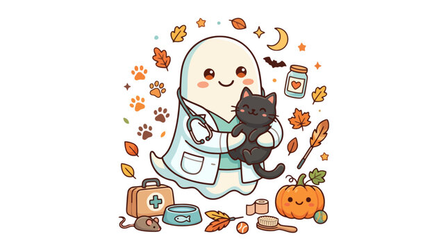 Cute ghost veterinarian holding a black cat with halloween items