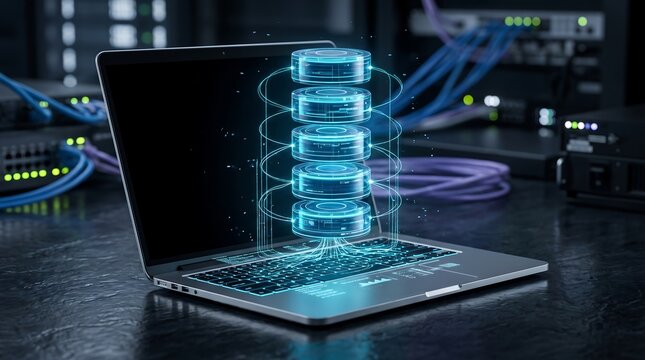 Futuristic database management and big data server storage hologram with glowing cylinder stack over laptop keyboard in server room concept