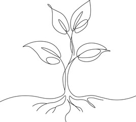 Minimalist one line drawing of a growing plant sprout with roots. © โยธิน ทุมจีน