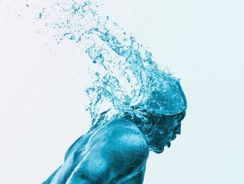 Dynamic Image of a Human Head and Upper Body Surrounded by Water Splash