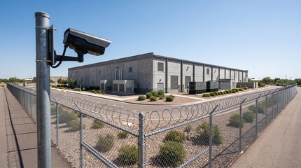 Data center exterior with perimeter fence and security camera