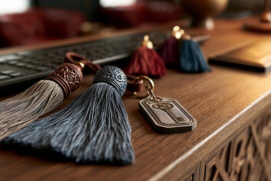 Tassel Key Fobs on Warm Wood Counter in Boutique Hotel Reception