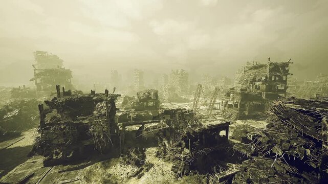 dawn lit collapsed settlement with silhouettes and mist, pale golden light spreads across fractured roofs and toppled walls, watchtower outlines and scattered