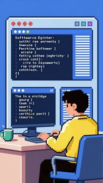 man sitting desk front computer monitor wearing yellow sweater typing keyboard monitor screen code written black text reads software engineer code appears related programming language several lines