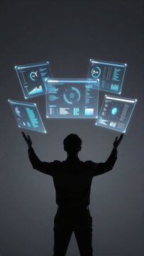 silhouette man standing front dark background his arms stretched out wide facing away camera appears state awe wonder front him multiple screens displaying various graphs charts screens arranged way