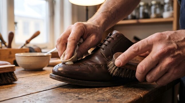 Artisan shoemaker polishing brown leather oxford shoes with wax and brush in traditional workshop
