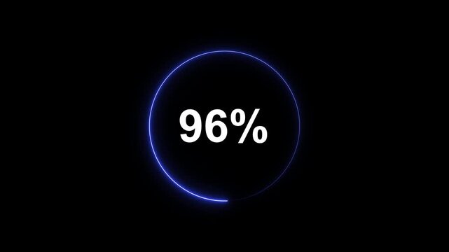 96 percent loading progress circle animation with glowing blue neon ring on black background, ninety-six percent