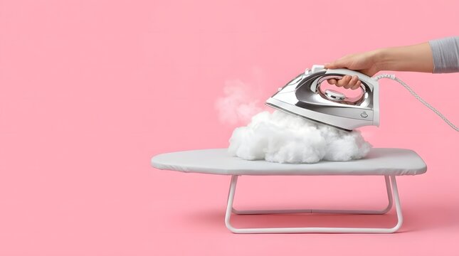Creative laundry concept with hand ironing a white cloud on pink background