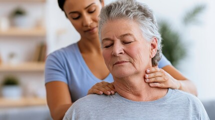 Fototapeta premium Elderly Woman Receiving Neck Massage from Young Female Therapist in Relaxing Environment