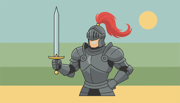 Valiant knight in full gray armor holding a long silver sword upright against a simplified landscape with a sun and green horizon.