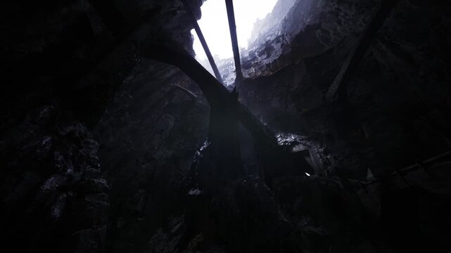 dawn light spilling into deep pit warm amber glow contrasts wet dark walls, rim silhouette and fragile ledges, subtle vapor and echoing drops create quiet