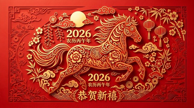 Majestic golden horse design celebrating the lunar new year twenty twenty six with intricate paper cut patterns and traditional oriental floral motifs on vibrant red background