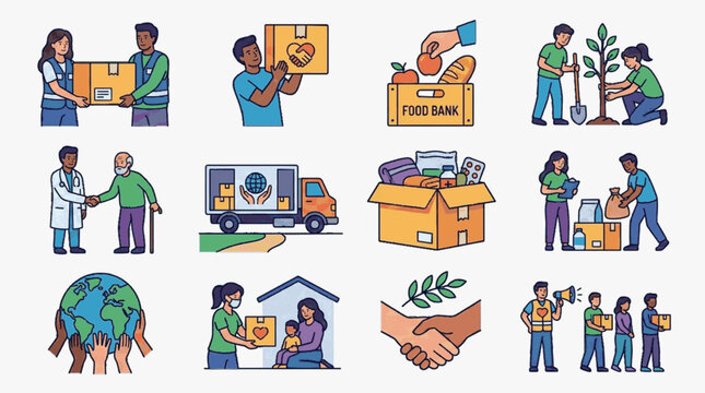Collection of vector illustrations showing humanitarian aid, volunteering, food bank donations, tree planting, medical assistance, and community support icons for charity projects.
