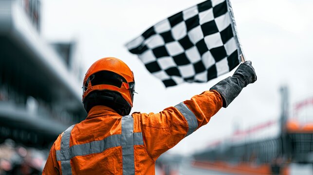 Race Official in Orange Safety Uniform Holding Checkered Flag at Track Event