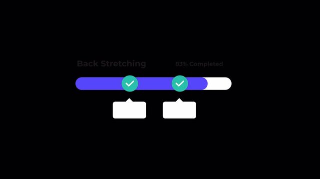 Animated progress bar with two steps and checkmarks on a black background.