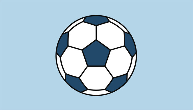 Classic blue and white soccer ball isolated on a light blue background, representing sports and team competition.