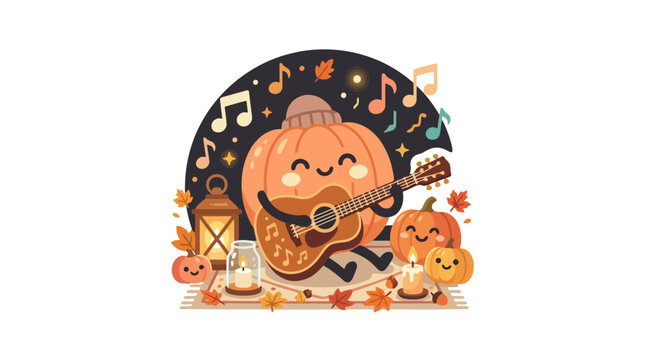 Cute cartoon pumpkin character playing acoustic guitar at night