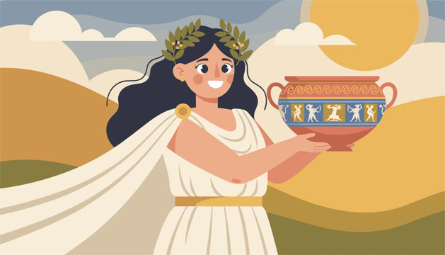 Graceful Greek goddess in a laurel wreath holding a decorated ancient ceramic vase in a scenic mediterranean landscape.