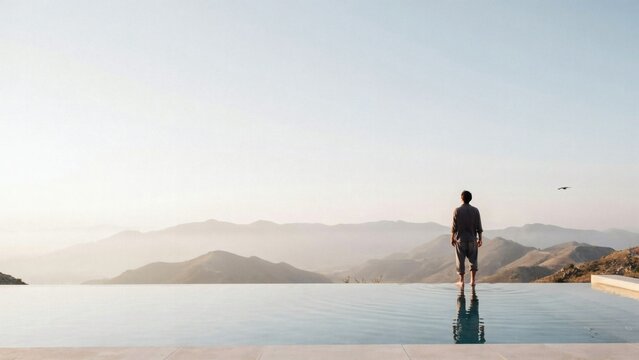 Man standing by infinity pool overlooking misty mountain landscape with gazing out over serene captures solitary man
