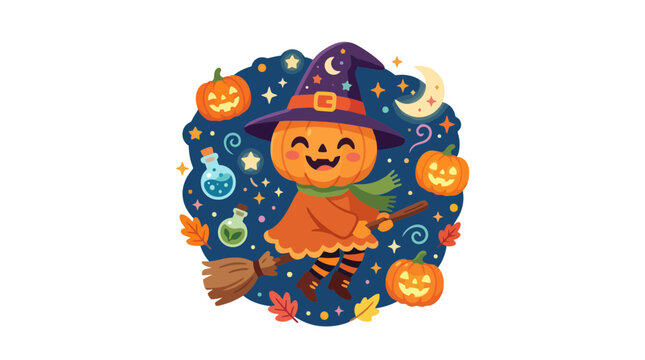 Cute pumpkin witch character flying on a broomstick for halloween