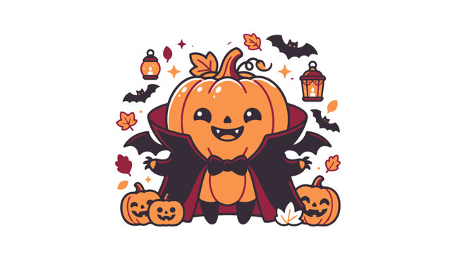 Cute pumpkin character wearing a vampire costume for halloween