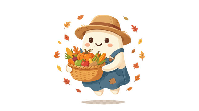 Cute ghost farmer holding a basket of autumn harvest vegetables