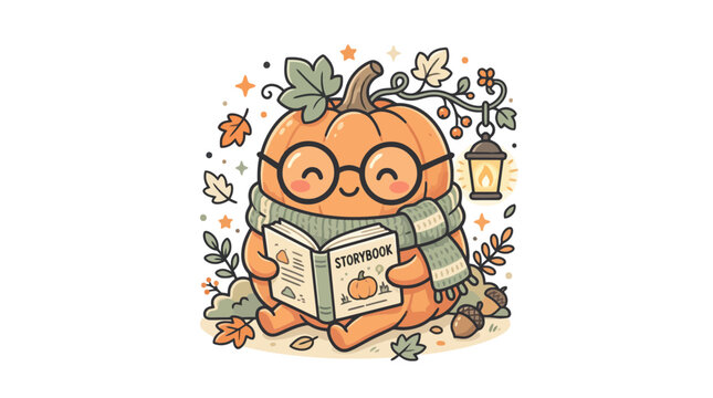 Cute pumpkin character wearing glasses reading a storybook vector