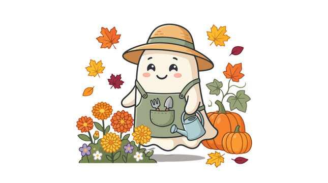 Cute ghost gardener tending an autumn garden with pumpkins