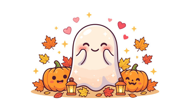 Cute ghost smiling with pumpkins and autumn leaves vector illustration