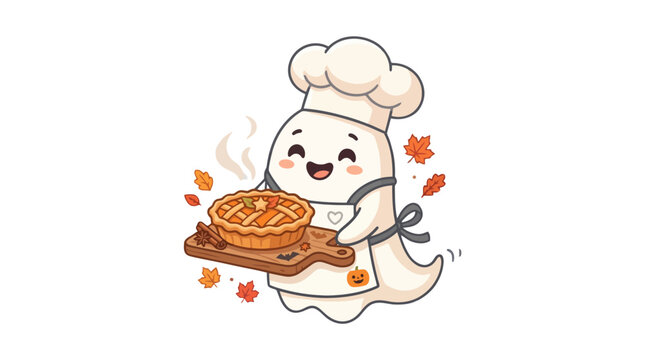 Cute ghost chef holding a fresh pumpkin pie for autumn celebrations